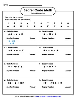 Secret Code Math: Order of Operations (Basic: No Parentheses) Free Worksheet