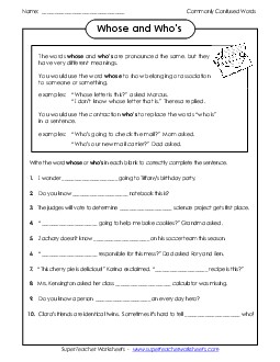 Whose and Who\'s  Commonly Confused Words Worksheet