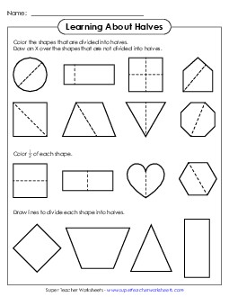 Learning About Halves Fractions Worksheet