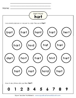 Dab or Color: Hurt Sight Words Individual Worksheet