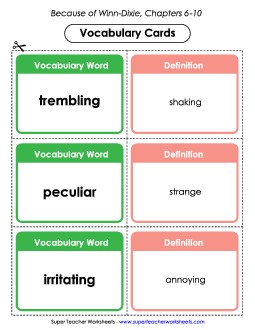 Vocabulary Cards for Chapters 6-10 Book Because Of Winn Dixie Worksheet