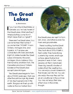 What Makes the Great Lakes Great? 3rd Grade Reading Comprehension Worksheet