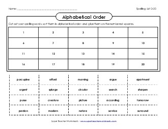 ABC Order: Cut and Glue (D-20) Spelling D Worksheet