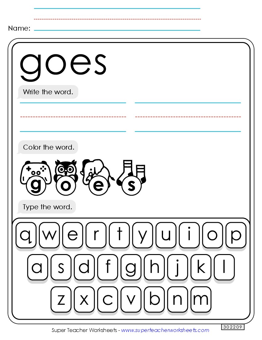 Write, Color, Type: Goes Sight Words Individual Worksheet