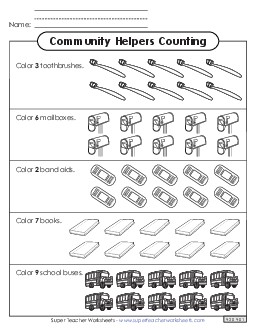 Count and Color the Items (Community Helpers) Worksheet