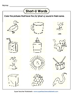 Color Short U Pictures Phonics Long Short U Worksheet