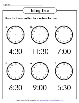 Draw the Clock Hands 1st Grade Math Worksheet