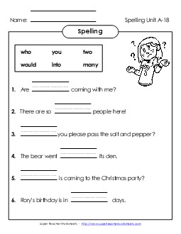 Complete the Sentences (A-18) Spelling A Worksheet