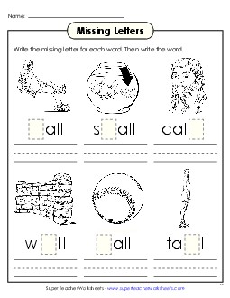 Missing Letters (-all) Word Families Worksheet