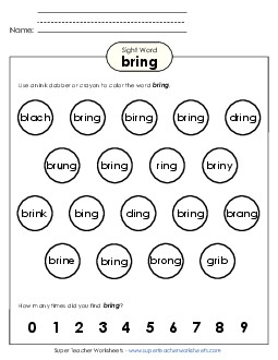 Dab or Color: Bring Sight Words Individual Worksheet