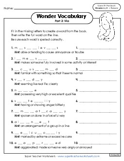 Vocabulary for Part 2  Book Wonder Worksheet