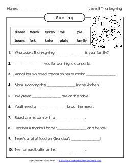 Sentence Completion (B-Thanksgiving) Spelling B Worksheet