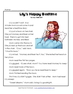 Lily\'s Happy Bedtime 1st Grade Reading Comprehension Worksheet