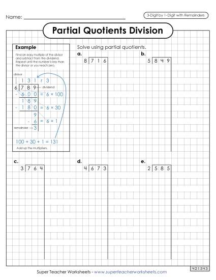 Partial Quotients (Graph Paper) 3-Digit by 1-Digit Division (with Remainders) Worksheet