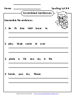 Scrambled Sentences (B-8) Spelling B Worksheet