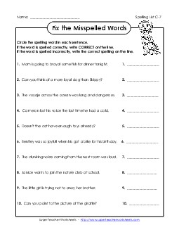 Fix the Mistakes (C-7) Spelling C Worksheet