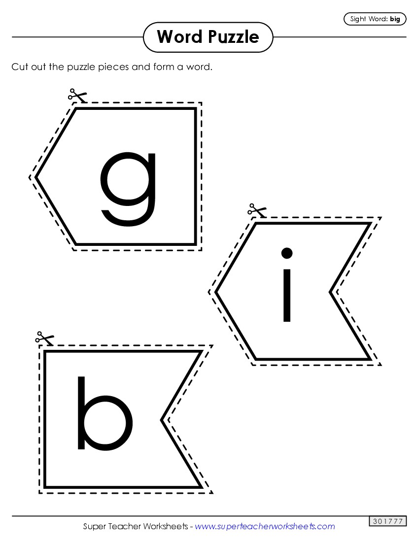 Word Puzzle: Big Sight Words Individual Worksheet