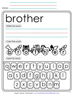 Write, Color, Type: Brother Sight Words Individual Worksheet