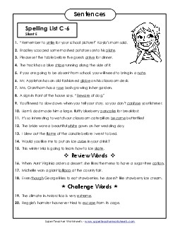 Spelling Test Sentences (C-6)  Spelling C Worksheet