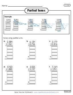 New 4-Digit Partial Sums Addition (with Example) Spanish Worksheet