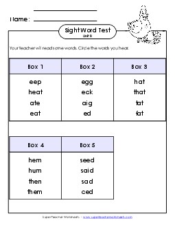 Whole Class Test (Unit 8) Sight Words Worksheet