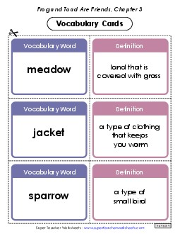 Vocabulary Cards for Chapter 3 Book Frog And Toad Worksheet