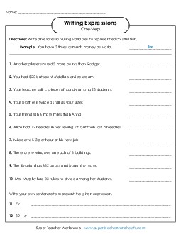 Writing Expressions (One Step) Worksheet