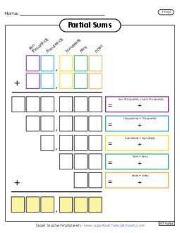 Partial Sums Outline (5-Digit) Addition Worksheet