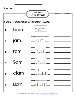 Read, Trace, Write (-am) Word Families Worksheet