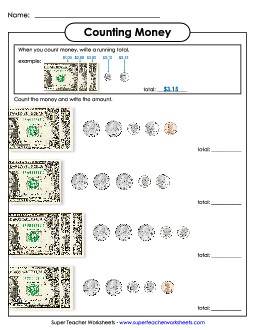 Counting Money With a Running Total (Up to $4) Free Worksheet