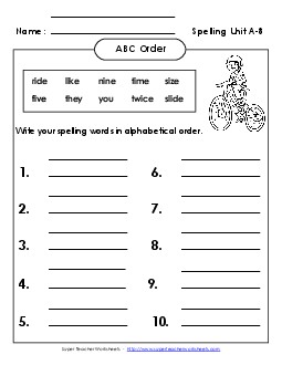 ABC Order: Write (A-8) Spelling A Worksheet