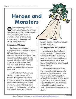 Heroes and Monsters Reading Comprehension Worksheet