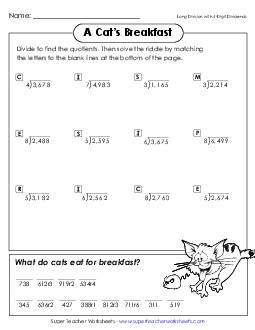 Cat\'s Breakfast (4-Digit Dividends) Division Worksheet