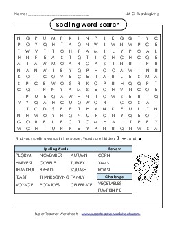 Word Search (C-Thanksgiving)  Spelling C Worksheet