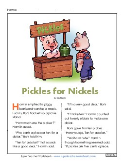 Pickles for Nickels (Fiction) 3rd Grade Reading Comprehension Worksheet