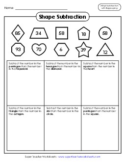 Shape Math:  2-Digit Subtraction Worksheet