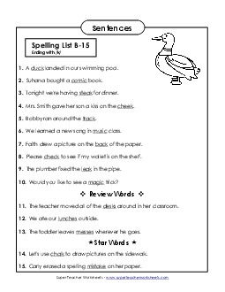 Spelling Test Sentences (B-15) Spelling B Worksheet