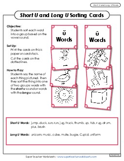 Picture Card Sort: Long U, Short U Phonics Vowels Worksheet