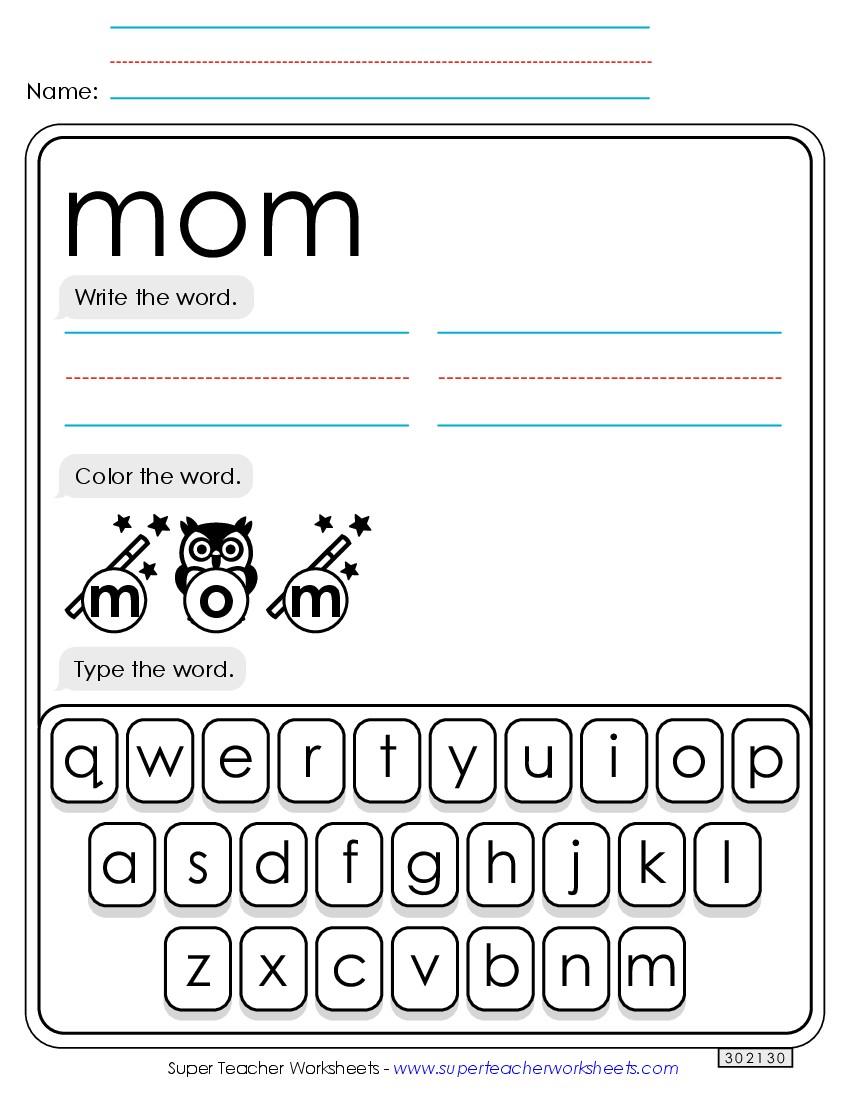 Write, Color, Type: Mom Sight Words Individual Worksheet