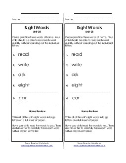 Take-Home List (Unit 28)  Sight Words Worksheet