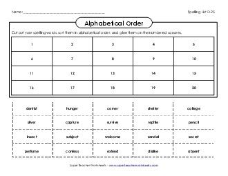 ABC Order: Cut and Glue (D-25)  Spelling D Worksheet