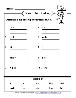 Word Unscramble (A-3) Spelling A Worksheet