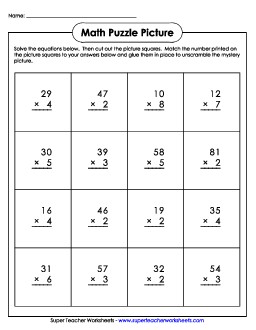 2-Digit by 1-Digit Multiplication: Cut-and-Glue Mystery Puzzle Worksheet