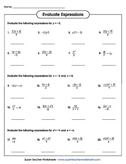 Evaluate Algebraic Expressions (Advanced) Worksheet 1 Expressions Evaluate Worksheet