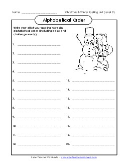 ABC Order: Write List (C-Christmas)  Spelling C Worksheet