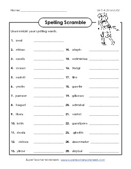 Word Scramble (E-4) Spelling E Worksheet