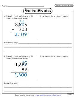 Find the Mistakes Subtraction Worksheet