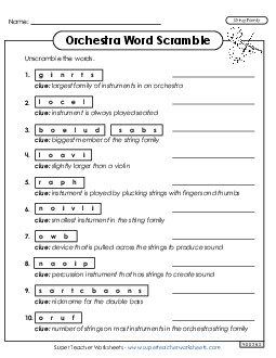 Strings - Word Scramble Music Instrument Families Worksheet