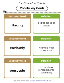 Vocabulary Cards for Chapters 7 & 8 Book Chocolate Touch Worksheet