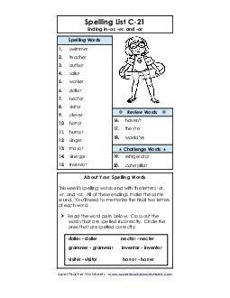 Spelling List C-21 Spelling C Worksheet